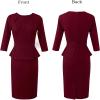image:imageVFSHOW Womens Pleated Crew Neck Peplum Slim Work Business Dress Elegant 34 Sleeves Office Church Bodycon Pencil Sheath DressDark Red