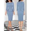 image:imageVFSHOW Womens Pleated Crew Neck Peplum Slim Work Business Dress Elegant 34 Sleeves Office Church Bodycon Pencil Sheath DressDusty Blue