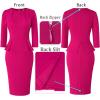 image:imageVFSHOW Womens Pleated Crew Neck Peplum Slim Work Business Dress Elegant 34 Sleeves Office Church Bodycon Pencil Sheath DressHot Pink