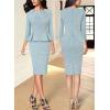 image:imageVFSHOW Womens Pleated Crew Neck Peplum Slim Work Business Dress Elegant 34 Sleeves Office Church Bodycon Pencil Sheath DressLight Blue Tweed
