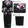image:imageVFSHOW Womens Pleated Crew Neck Peplum Slim Work Business Dress Elegant 34 Sleeves Office Church Bodycon Pencil Sheath DressMulti Floral Print and Black
