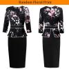 image:imageVFSHOW Womens Pleated Crew Neck Peplum Slim Work Business Dress Elegant 34 Sleeves Office Church Bodycon Pencil Sheath DressMulti Floral Print and Black