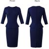 image:imageVFSHOW Womens Pleated Crew Neck Peplum Slim Work Business Dress Elegant 34 Sleeves Office Church Bodycon Pencil Sheath DressNavy Blue