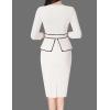 image:imageVFSHOW Womens Pleated Crew Neck Peplum Slim Work Business Dress Elegant 34 Sleeves Office Church Bodycon Pencil Sheath DressOff White  Black Piping