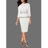 image:imageVFSHOW Womens Pleated Crew Neck Peplum Slim Work Business Dress Elegant 34 Sleeves Office Church Bodycon Pencil Sheath DressOff White  Black Piping