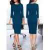 image:imageVFSHOW Womens Pleated Crew Neck Peplum Slim Work Business Dress Elegant 34 Sleeves Office Church Bodycon Pencil Sheath DressPeacock Blue