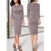 image:imageVFSHOW Womens Pleated Crew Neck Peplum Slim Work Business Dress Elegant 34 Sleeves Office Church Bodycon Pencil Sheath DressPink Tweed