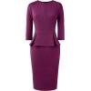 image:imageVFSHOW Womens Pleated Crew Neck Peplum Slim Work Business Dress Elegant 34 Sleeves Office Church Bodycon Pencil Sheath DressPlum Purple