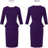 image:imageVFSHOW Womens Pleated Crew Neck Peplum Slim Work Business Dress Elegant 34 Sleeves Office Church Bodycon Pencil Sheath DressPurple