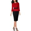 image:imageVFSHOW Womens Pleated Crew Neck Peplum Slim Work Business Dress Elegant 34 Sleeves Office Church Bodycon Pencil Sheath DressRed  Black