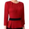 image:imageVFSHOW Womens Pleated Crew Neck Peplum Slim Work Business Dress Elegant 34 Sleeves Office Church Bodycon Pencil Sheath DressRed  Black