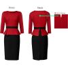 image:imageVFSHOW Womens Pleated Crew Neck Peplum Slim Work Business Dress Elegant 34 Sleeves Office Church Bodycon Pencil Sheath DressRed  Black
