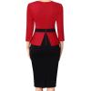 image:imageVFSHOW Womens Pleated Crew Neck Peplum Slim Work Business Dress Elegant 34 Sleeves Office Church Bodycon Pencil Sheath DressRed  Black