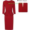 image:imageVFSHOW Womens Pleated Crew Neck Peplum Slim Work Business Dress Elegant 34 Sleeves Office Church Bodycon Pencil Sheath DressRed  Black Piping