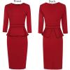 image:imageVFSHOW Womens Pleated Crew Neck Peplum Slim Work Business Dress Elegant 34 Sleeves Office Church Bodycon Pencil Sheath DressRed  Black Piping