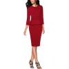 image:imageVFSHOW Womens Pleated Crew Neck Peplum Slim Work Business Dress Elegant 34 Sleeves Office Church Bodycon Pencil Sheath DressRed  Black Piping