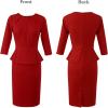 image:imageVFSHOW Womens Pleated Crew Neck Peplum Slim Work Business Dress Elegant 34 Sleeves Office Church Bodycon Pencil Sheath DressRed