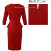 image:imageVFSHOW Womens Pleated Crew Neck Peplum Slim Work Business Dress Elegant 34 Sleeves Office Church Bodycon Pencil Sheath DressRed