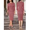 image:imageVFSHOW Womens Pleated Crew Neck Peplum Slim Work Business Dress Elegant 34 Sleeves Office Church Bodycon Pencil Sheath DressRed Tweedc