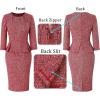 image:imageVFSHOW Womens Pleated Crew Neck Peplum Slim Work Business Dress Elegant 34 Sleeves Office Church Bodycon Pencil Sheath DressRed Tweedc