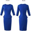 image:imageVFSHOW Womens Pleated Crew Neck Peplum Slim Work Business Dress Elegant 34 Sleeves Office Church Bodycon Pencil Sheath DressRoyal Blue