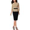 image:imageVFSHOW Womens Pleated Crew Neck Peplum Slim Work Business Dress Elegant 34 Sleeves Office Church Bodycon Pencil Sheath DressYellow Tweed  Black