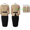 image:imageVFSHOW Womens Pleated Crew Neck Peplum Slim Work Business Dress Elegant 34 Sleeves Office Church Bodycon Pencil Sheath DressYellow Tweed  Black