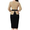 image:imageVFSHOW Womens Pleated Crew Neck Peplum Slim Work Business Dress Elegant 34 Sleeves Office Church Bodycon Pencil Sheath DressYellow Tweed  Black