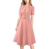 image:imageVFSHOW Womens 2024 Business Work Office Pockets Belted Buttons Elegant Fit and Flare ALine DressPink