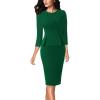 image:imageVFSHOW Womens Pleated Crew Neck Peplum Slim Work Business Dress Elegant 34 Sleeves Office Church Bodycon Pencil Sheath DressGreen
