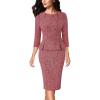 image:imageVFSHOW Womens Pleated Crew Neck Peplum Slim Work Business Dress Elegant 34 Sleeves Office Church Bodycon Pencil Sheath DressRed Tweedc