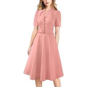 image:imageVFSHOW Womens 2024 Business Work Office Pockets Belted Buttons Elegant Fit and Flare ALine DressPink
