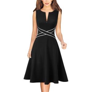 image:imageVFSHOW Womens Front Zipper Work Business ALine Dress Elegant Professional Office Career Church Fit and Flare Skater DressesBlack With White Piping
