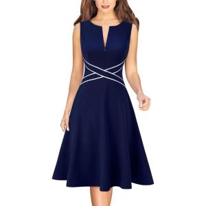 image:imageVFSHOW Womens Front Zipper Work Business ALine Dress Elegant Professional Office Career Church Fit and Flare Skater DressesBlue With White Piping