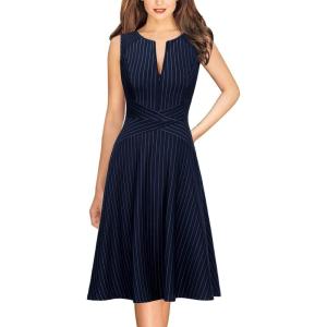 image:imageVFSHOW Womens Front Zipper Work Business ALine Dress Elegant Professional Office Career Church Fit and Flare Skater DressesNavy Blue and White Striped