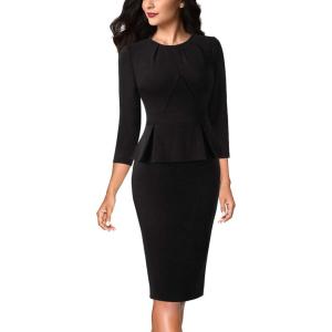 image:imageVFSHOW Womens Pleated Crew Neck Peplum Slim Work Business Dress Elegant 34 Sleeves Office Church Bodycon Pencil Sheath DressBlack