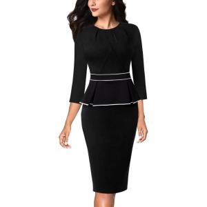 image:imageVFSHOW Womens Pleated Crew Neck Peplum Slim Work Business Dress Elegant 34 Sleeves Office Church Bodycon Pencil Sheath DressBlack With White Piping