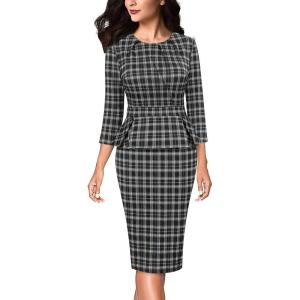 image:imageVFSHOW Womens Pleated Crew Neck Peplum Slim Work Business Dress Elegant 34 Sleeves Office Church Bodycon Pencil Sheath DressBluebeigeblack Plaid