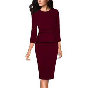 image:imageVFSHOW Womens Pleated Crew Neck Peplum Slim Work Business Dress Elegant 34 Sleeves Office Church Bodycon Pencil Sheath DressDark Red  Black Piping