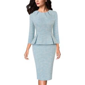 image:imageVFSHOW Womens Pleated Crew Neck Peplum Slim Work Business Dress Elegant 34 Sleeves Office Church Bodycon Pencil Sheath DressLight Blue Tweed