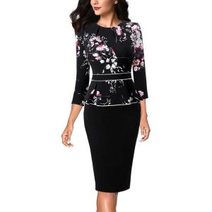 image:imageVFSHOW Womens Pleated Crew Neck Peplum Slim Work Business Dress Elegant 34 Sleeves Office Church Bodycon Pencil Sheath DressMulti Floral Print and Black