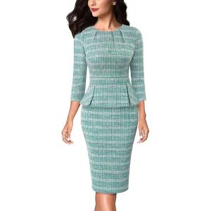 image:imageVFSHOW Womens Pleated Crew Neck Peplum Slim Work Business Dress Elegant 34 Sleeves Office Church Bodycon Pencil Sheath DressTeal Green