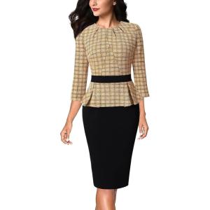 image:imageVFSHOW Womens Pleated Crew Neck Peplum Slim Work Business Dress Elegant 34 Sleeves Office Church Bodycon Pencil Sheath DressYellow Tweed  Black