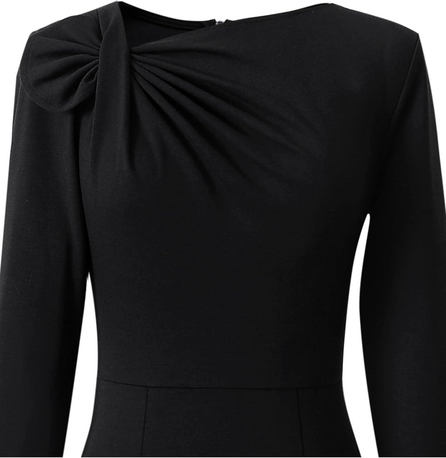 image:imageVFSHOW Womens Pleated Asymmetric Bow Neck Work Business Office Church Cocktail Party Pencil Sheath DressBlack