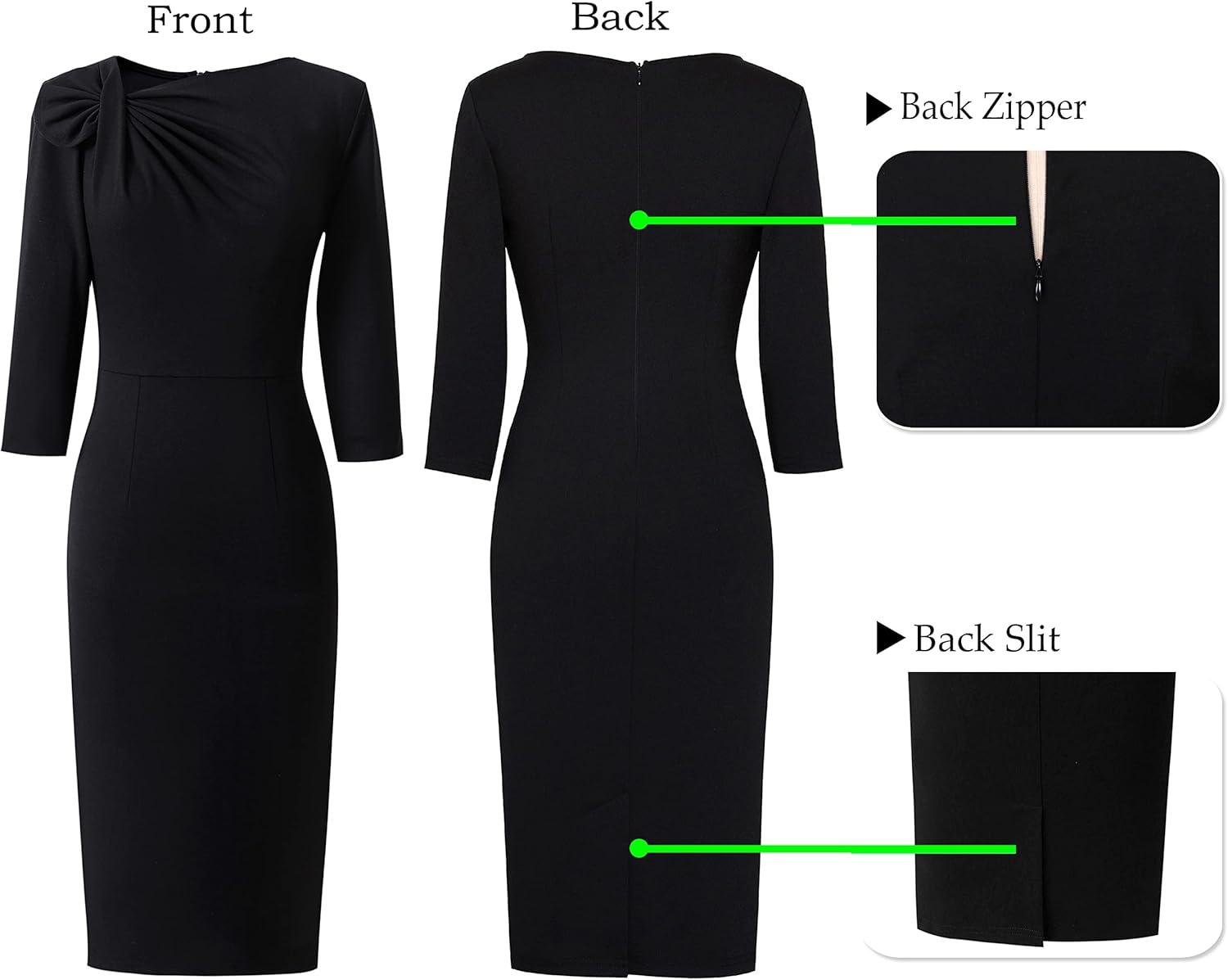 image:imageVFSHOW Womens Pleated Asymmetric Bow Neck Work Business Office Church Cocktail Party Pencil Sheath DressBlack