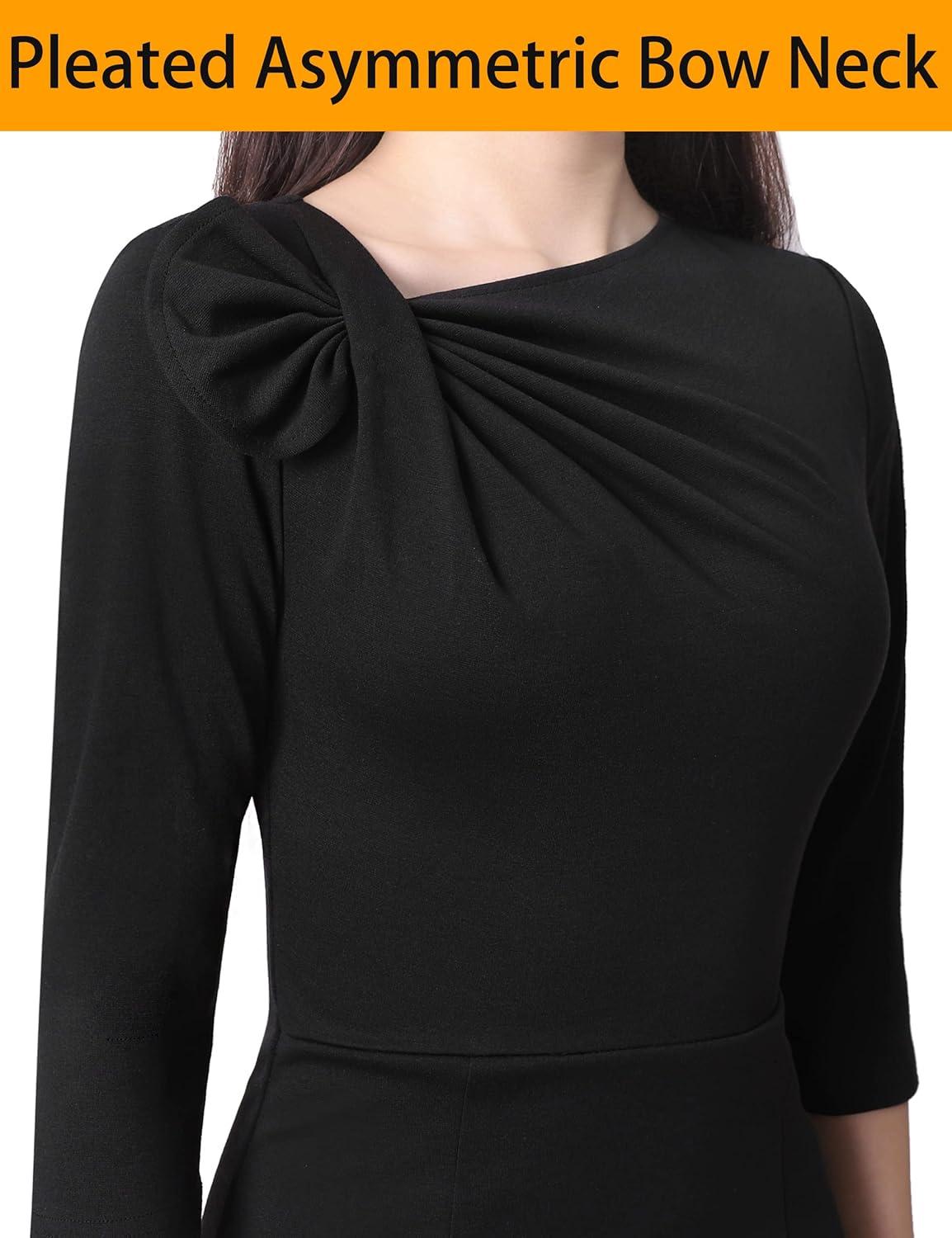 image:imageVFSHOW Womens Pleated Asymmetric Bow Neck Work Business Office Church Cocktail Party Pencil Sheath DressBlack