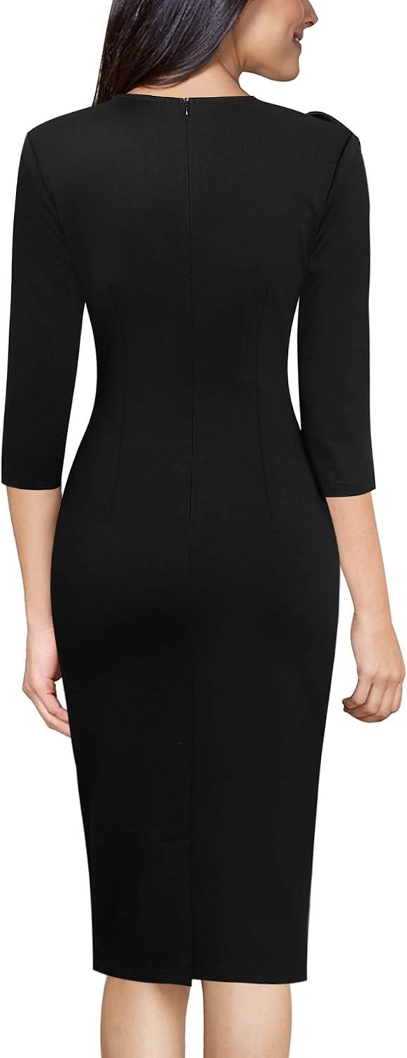 image:imageVFSHOW Womens Pleated Asymmetric Bow Neck Work Business Office Church Cocktail Party Pencil Sheath DressBlack