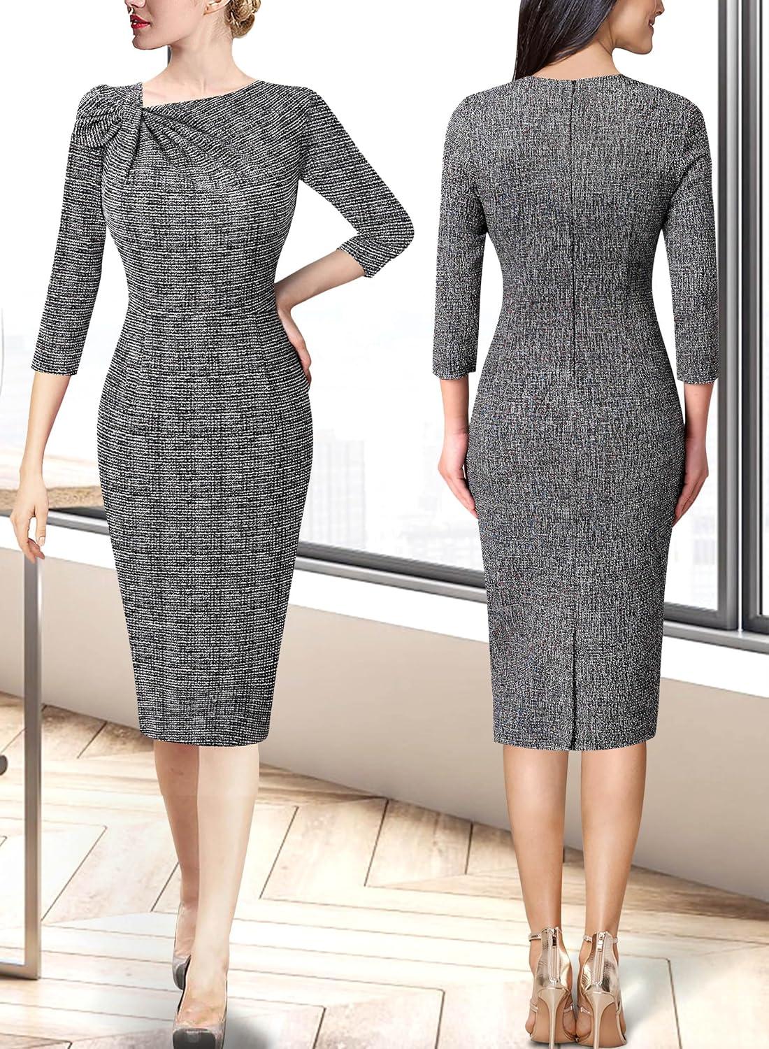 image:imageVFSHOW Womens Pleated Asymmetric Bow Neck Work Business Office Church Cocktail Party Pencil Sheath DressBlack Tweed
