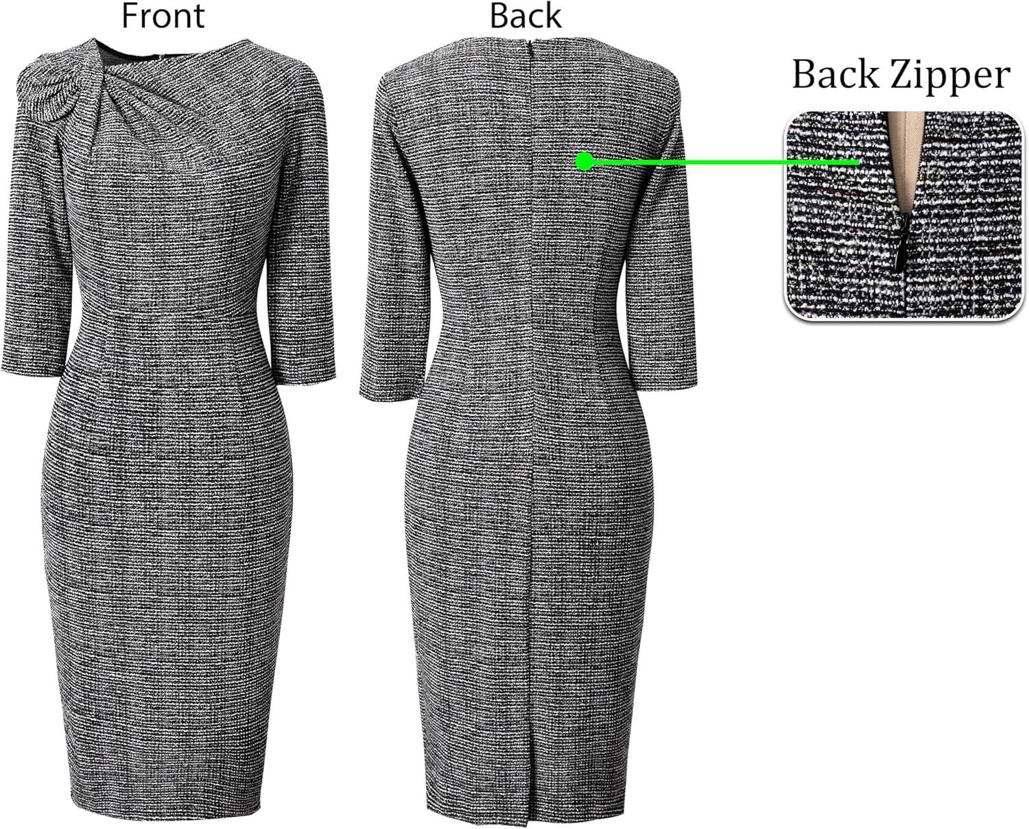 image:imageVFSHOW Womens Pleated Asymmetric Bow Neck Work Business Office Church Cocktail Party Pencil Sheath DressBlack Tweed