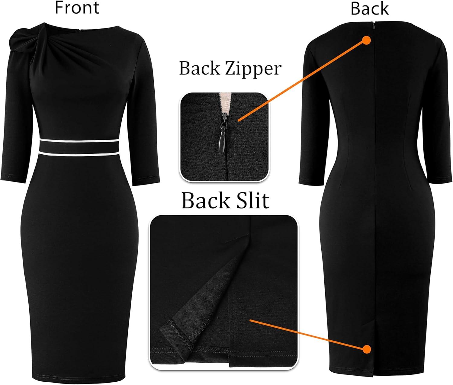 image:imageVFSHOW Womens Pleated Asymmetric Bow Neck Work Business Office Church Cocktail Party Pencil Sheath DressBlack With White Piping